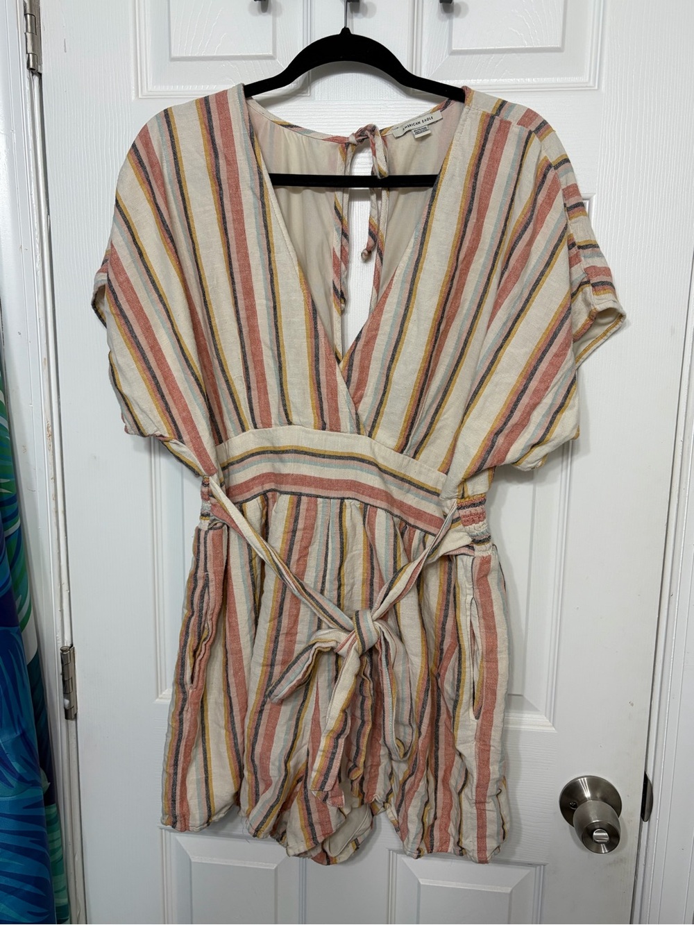American Eagle Outfitters Striped V-Neck Short Romper in Cream, Rust & Mustard